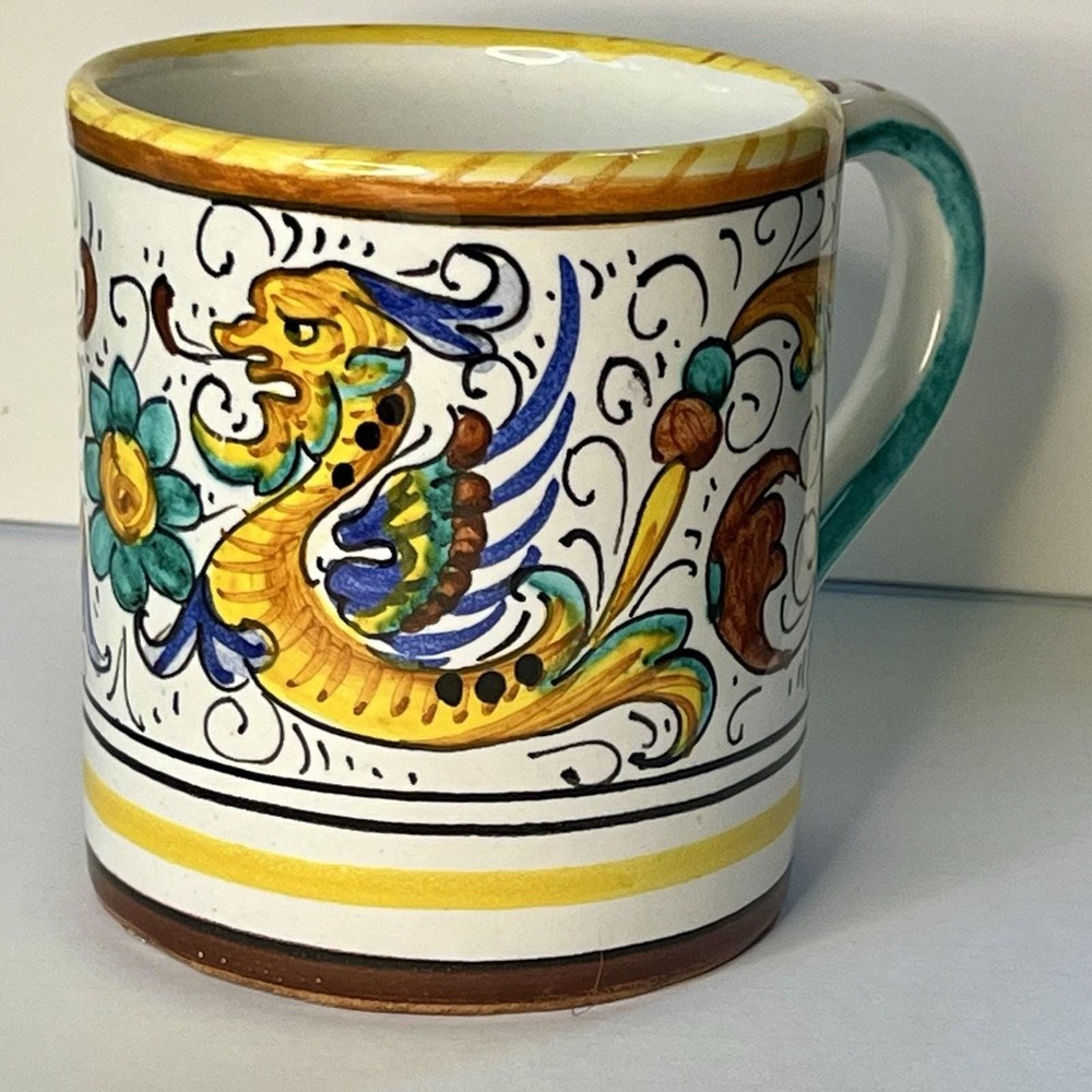 Fima Deruta Italy Dragon Mug Ornate Hand Painted Pottery Ceramic Coffee Mug